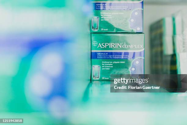 Poultices of painkiller Aspirin are pictured in a pharmacy on April 13, 2023 in Niesky, Germany.