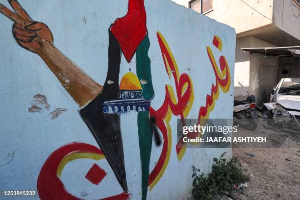 Mural depicting historical Palestine coloured with the Palestinian flag with an arm gesturing out is pictured at the Jenin camp for Palestinian...