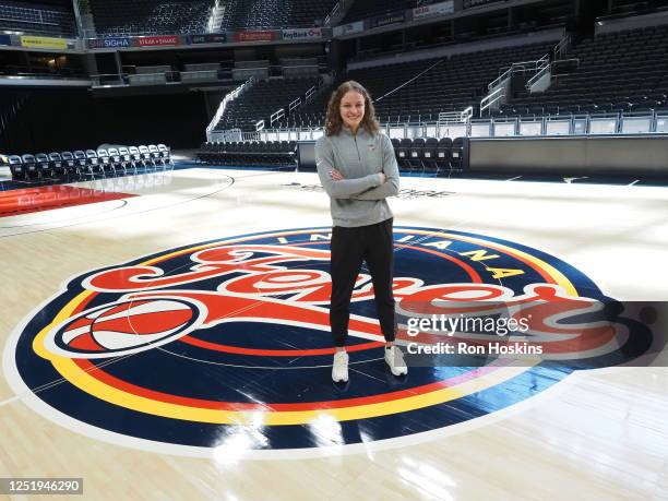 Grace Berger the seventh overall pick in the 2023 WNBA Draft by the Indiana Fever poses for a photo at Gainbridge Fieldhouse on April 18, 2023 in...