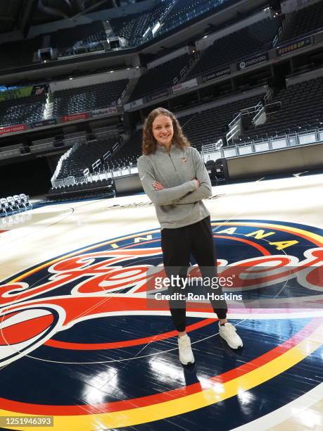Grace Berger the seventh overall pick in the 2023 WNBA Draft by the Indiana Fever poses for a photo at Gainbridge Fieldhouse on April 18, 2023 in...