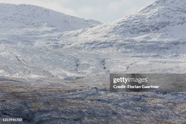 Landscape with snow-covered mountains is pictured on March 09, 2023 in Achnasheen, United Kingdom.