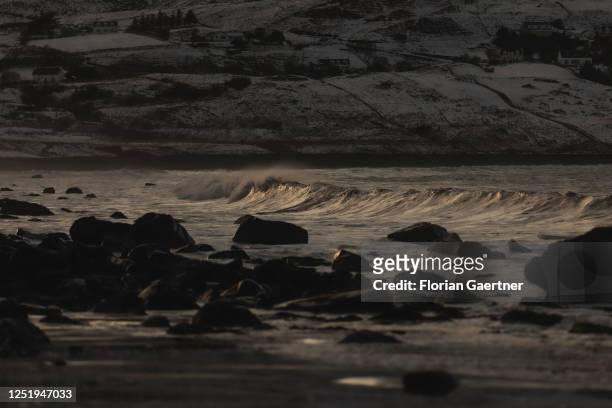 Waves are pictured at sunset on March 09, 2023 in Staffin, United Kingdom.