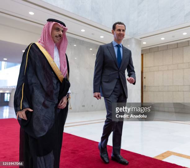 Faisal bin Farhan Al Saud, Minister of Foreign Affairs of Saudi Arabia meets Bashar al-Assad on April 18, 2023 in Damascus, Syria. Saudi Foreign...