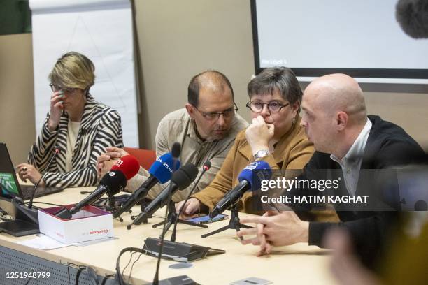 S Kristel Van Damme, BBTK's Jan De Weghe, SETCa's Myriam Delmee and ACLVB's Wilson Wellens pictured during a press conference of the trade unions of...