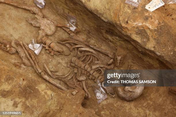 Photo shows a skeleton from an ancient necropolis at Port-Royal metro station in Paris, on April 18, 2023.