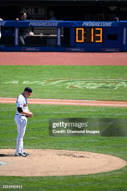 View of the pitch clock as Peyton Battenfield of the Cleveland Guardians prepares to pitch during the fifth inning of his Major League debut against...