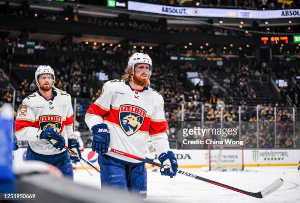 Marc Staal of the Florida Panthers and Eric Staal skate during warmups against the Boston Bruins in Game One of the First Round of the 2023 Stanley...