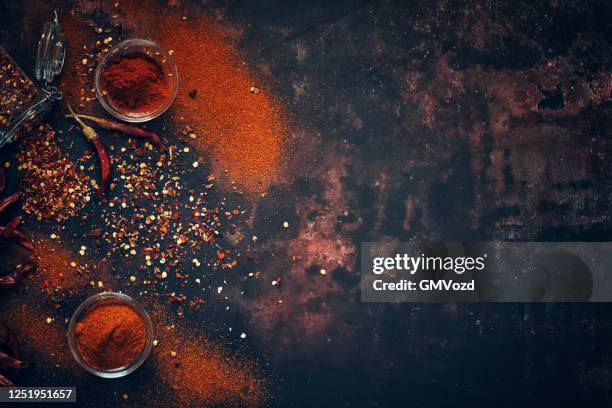 variation of spices chili powder, peppercorns, cayenne pepper, turmeric, cumin, and garlic powder - pimenta de caiena imagens e fotografias de stock