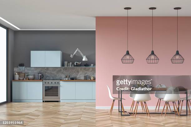 modern kitchen and dining room stock photo - pink colour stock pictures, royalty-free photos & images