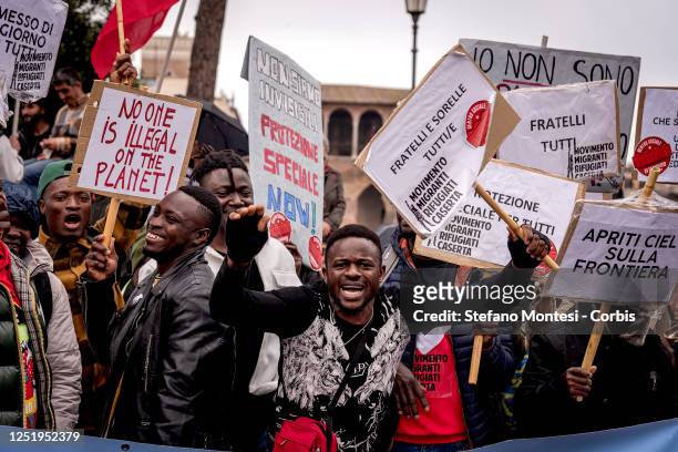 People take part in a demonstration against the conversion into Law of the so called "Decreto Cutro" on April 18, 2023 in Rome, Italy. Amnesty...