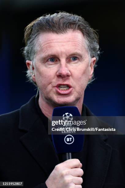 Steve McManaman of BT Sport talks prior to the UEFA Champions League Quarterfinal second leg match between Chelsea FC and Real Madrid at Stamford...