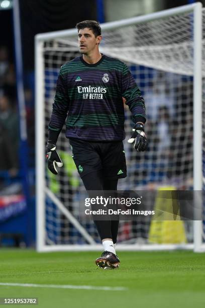 Goalkeeper Thibaut Courtois of Real Madrid looks on prior to the UEFA Champions League quarterfinal second leg match between Chelsea FC and Real...