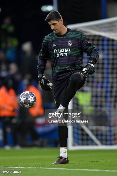Goalkeeper Thibaut Courtois of Real Madrid controls the ball prior to the UEFA Champions League quarterfinal second leg match between Chelsea FC and...