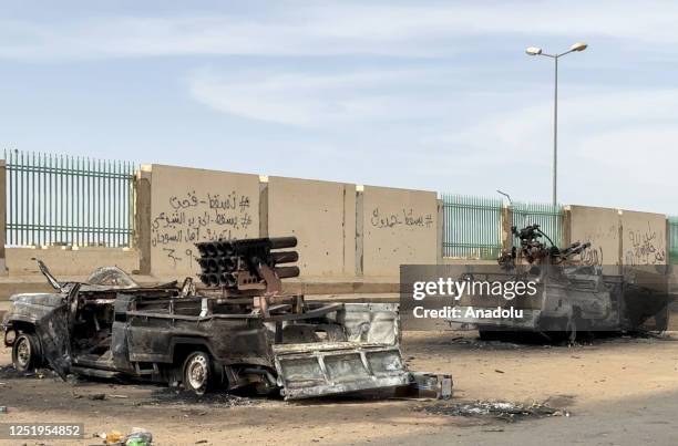 View of vehicles of RSF, damaged after clashes between the Sudanese Armed Forces and the paramilitary Rapid Support Forces in Khartoum, Sudan on...