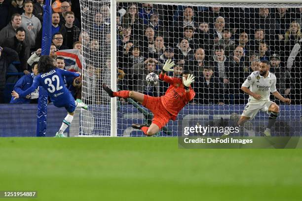 Marc Cucurella of Chelsea FC, goalkeeper Thibaut Courtois of Real Madrid and Dani Carvajal of Real Madrid battle for the ball during the UEFA...