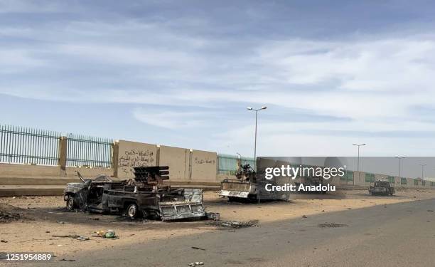 View of vehicles of RSF, damaged after clashes between the Sudanese Armed Forces and the paramilitary Rapid Support Forces in Khartoum, Sudan on...