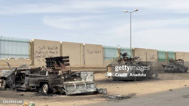 View of vehicles of RSF, damaged after clashes between the Sudanese Armed Forces and the paramilitary Rapid Support Forces in Khartoum, Sudan on...