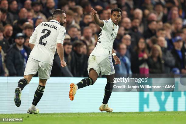 Rodrygo of Real Madrid celebrates after scoring a goal to make it 0-1 during the UEFA Champions League quarterfinal second leg match between Chelsea...