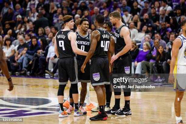 The Sacramento Kings huddle up against the Golden State Warriors during Round 1 Game 2 of the 2023 NBA Playoffs on April 17, 2023 at Golden 1 Center...