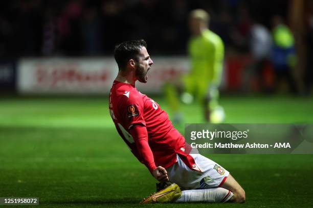 Anthony Forde of Wrexham celebrates after scoring a goal to make it 1-0 during the Vanarama National League match between Wrexham and Yeovil Town at...