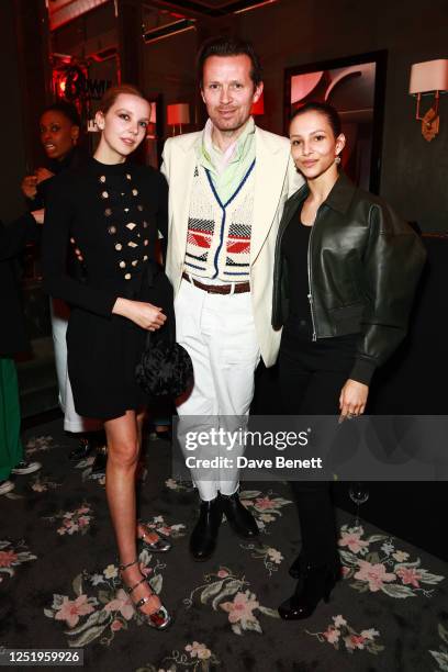 Greta Bellamacina, Robert Montgomery and Francesca Hayward attend the launch of the Bowie X Mother collaboration at Caviar Kaspia on April 18, 2023...
