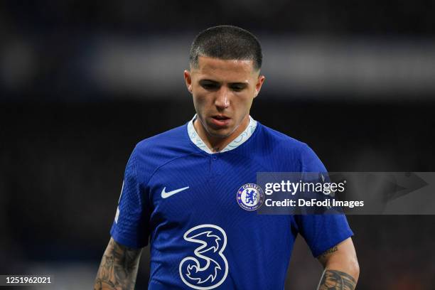 Enzo Fernandez of Chelsea FC looks on during the UEFA Champions League quarterfinal second leg match between Chelsea FC and Real Madrid at Stamford...