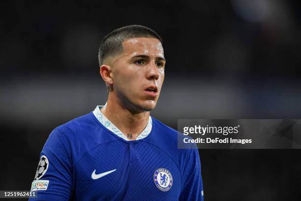 Enzo Fernandez of Chelsea FC looks on during the UEFA Champions League quarterfinal second leg match between Chelsea FC and Real Madrid at Stamford...