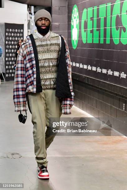 Jaylen Brown of the Boston Celtics arrives to the arena prior to the game against the Atlanta Hawks during Round 1 Game 2 of the 2023 NBA Playoffs on...