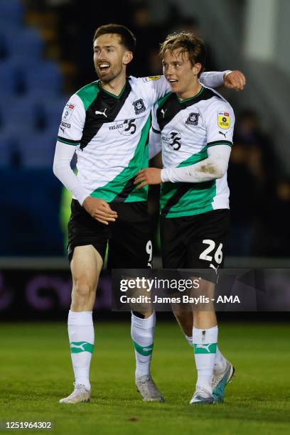 Ryan Hardie and Callum Wright of Plymouth Argyle celebrate at full time after the Sky Bet League One between Shrewsbury Town and Plymouth Argyle at...