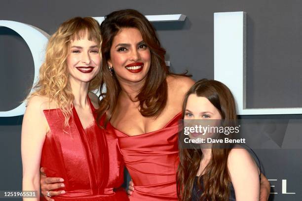 Ashleigh Cummings, Priyanka Chopra and Caoilinn Springall attend the Global Premiere of "Citadel" in Covent Garden on April 18, 2023 in London,...