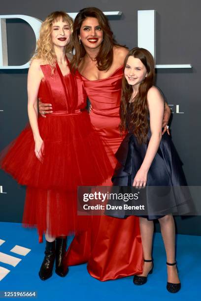 Ashleigh Cummings, Priyanka Chopra and Caoilinn Springall attend the Global Premiere of "Citadel" in Covent Garden on April 18, 2023 in London,...