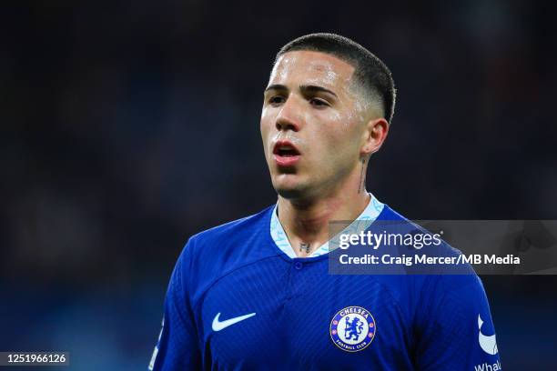 Enzo Fernandez of Chelsea looks on during the UEFA Champions League quarterfinal second leg match between Chelsea FC and Real Madrid at Stamford...