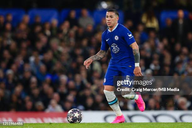 Enzo Fernandez of Chelsea in action during the UEFA Champions League quarterfinal second leg match between Chelsea FC and Real Madrid at Stamford...