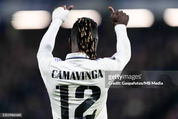 Eduardo Camavinga of Real Madrid gestures during the UEFA Champions League quarterfinal second leg match between Chelsea FC and Real Madrid at...