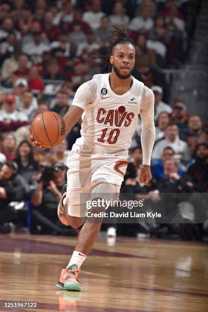 Darius Garland of the Cleveland Cavaliers dribbles the ball during Round One Game Two of the 2023 NBA Playoffs against the New York Knicks on April...