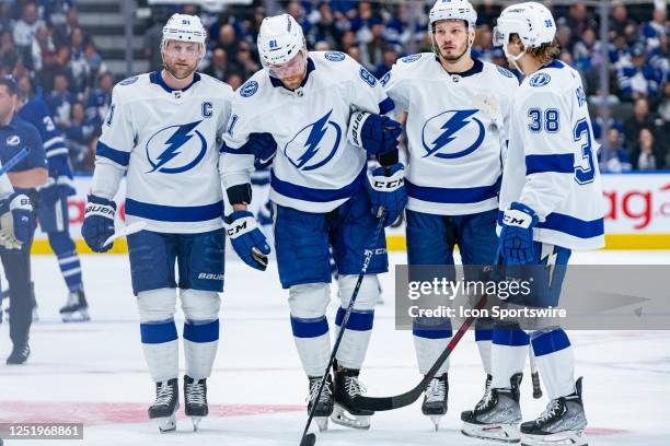 Tampa Bay Lightning Defenceman Erik Cernak leaves the ice with an injury during the second period of the Round 1 NHL Stanley Cup Playoffs Game 1...