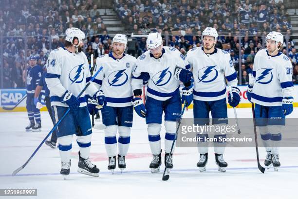 Tampa Bay Lightning Defenceman Erik Cernak leaves the ice with an injury during the second period of the Round 1 NHL Stanley Cup Playoffs Game 1...