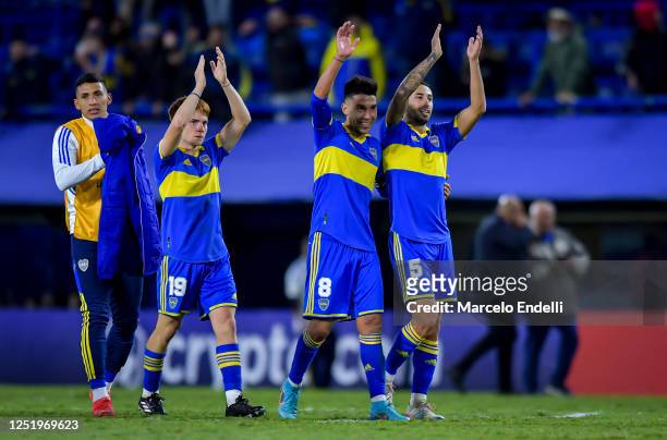 Valentin Barco, Guillermo Fernandez and Alan Varela of Boca Juniors celebrate after winning a Copa CONMEBOL Libertadores 2023 group F match between...