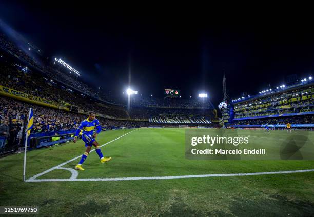 Sebastian Villa of Boca Juniors kicks the ball during a Copa CONMEBOL Libertadores 2023 group F match between Boca Juniors and Deportivo Pereira at...