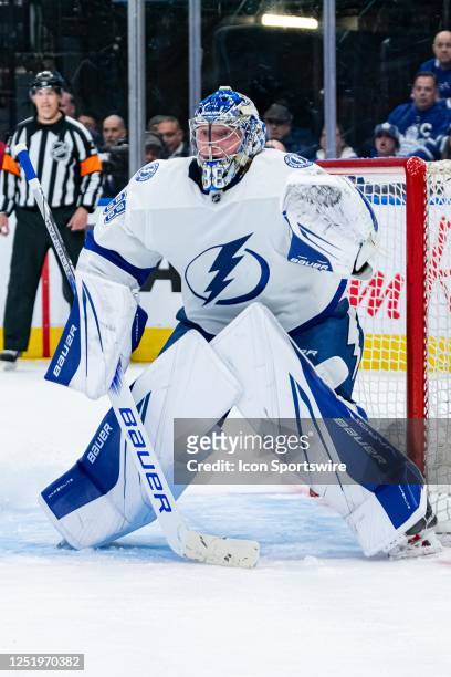 Tampa Bay Lightning Goalie Andrei Vasilevskiy tends the net during the third period of the Round 1 NHL Stanley Cup Playoffs Game 1 between the Tampa...