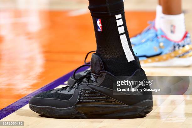 The sneakers worn by Kevin Durant of the Phoenix Suns during the game against the LA Clippers during Round 1 Game 2 of the 2023 NBA Playoffs on April...