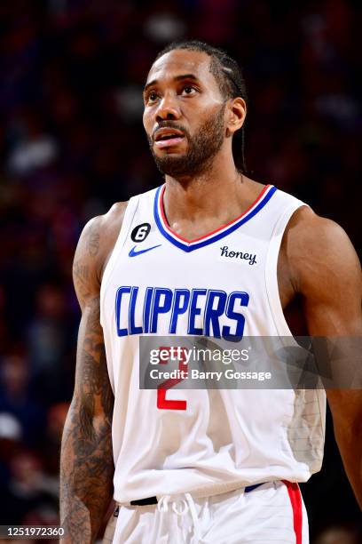 Kawhi Leonard of the LA Clippers looks on during the game against the Phoenix Suns during Round 1 Game 2 of the 2023 NBA Playoffs on April 18, 2023...