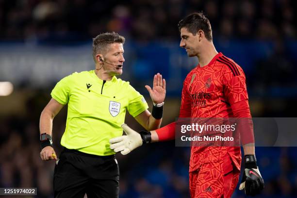 Thibaut Courtois of Real Madrid looks on during the UEFA Champions League Quarter Final match between Chelsea and Real Madrid at Stamford Bridge,...