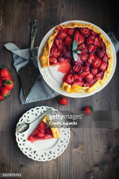 freshly baked strawberry galette or open strawberry pie - tart dessert stock pictures, royalty-free photos & images