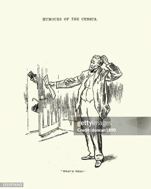man confused by a cenus form, 19th century - census stock illustrations