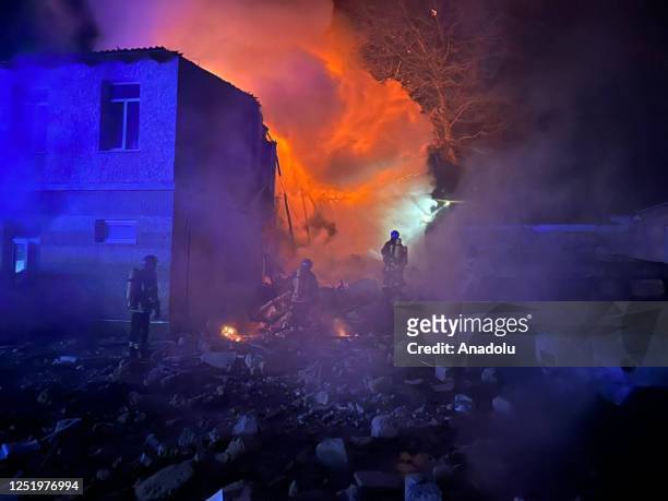Firefighter team members are on duty at burned places after Russia launched a drone attack in Odesa, Ukraine on April 19, 2023.