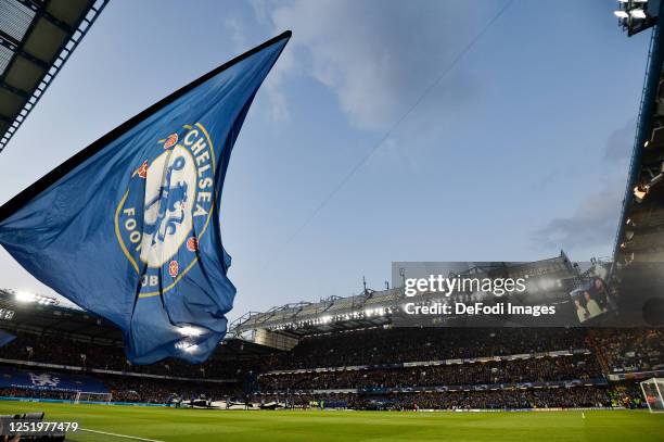 A Chelsea FC flag is waved in the stadium after the UEFA Champions League quarterfinal second leg match between Chelsea FC and Real Madrid at...