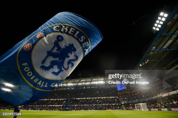 A Chelsea FC flag is waved in the stadium after the UEFA Champions League quarterfinal second leg match between Chelsea FC and Real Madrid at...