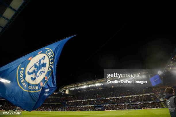 A Chelsea FC flag is waved in the stadium after the UEFA Champions League quarterfinal second leg match between Chelsea FC and Real Madrid at...