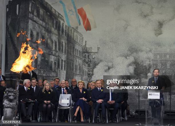 German President Frank-Walter Steinmeier, the Israeli President's wife Michal Herzog, Agata Kornhauser-Duda and Polish President Andrzej Duda listen...